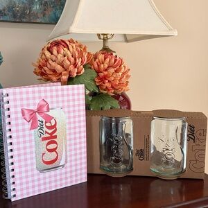 NWT Diet Coke Lovers Bundle Green Embossed 2-Pc. Glass Set and socks OR journal